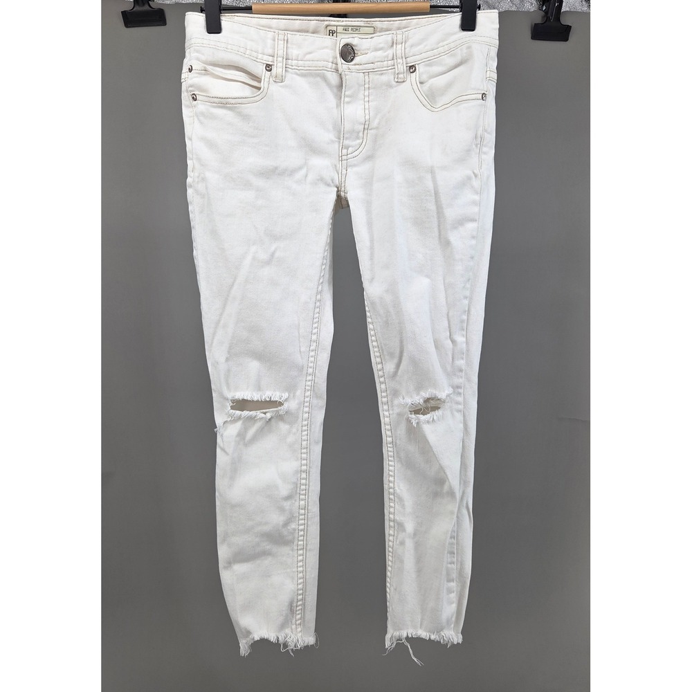 Free People Jeans Women 27 White Distressed Raw Hem Skinny Boho Coastal Indie